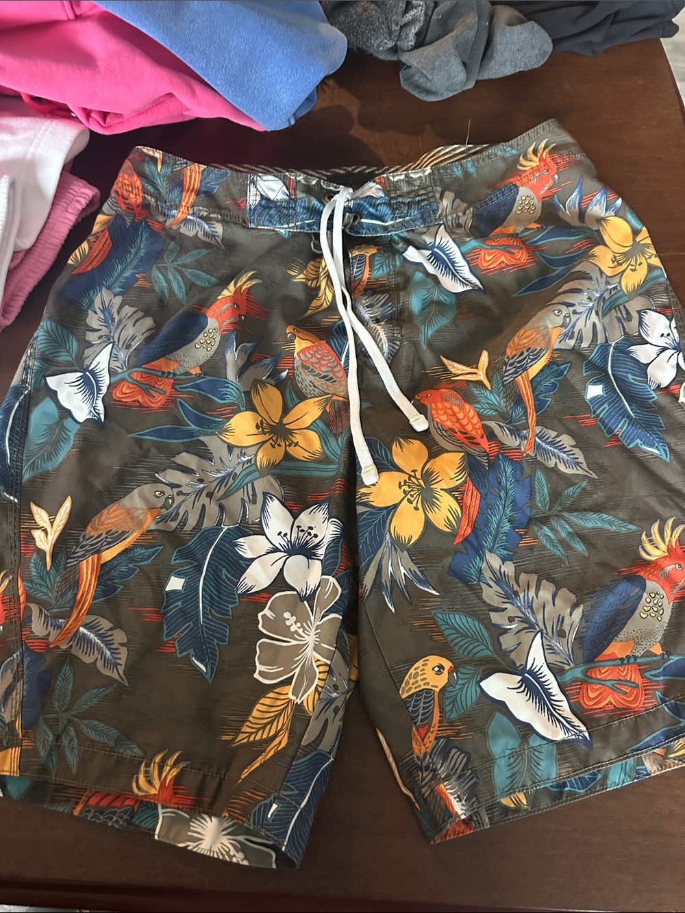 Men's Tropical Floral Swim Trunks - Olive with Multicolor Print